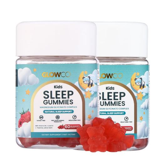 GLOWCO Sleep Gummies bottle highlights a melatonin-free calm for evenings.