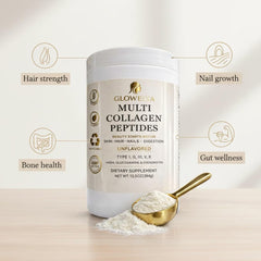 Glowessa collagen powder poured into a drink for seamless mixing