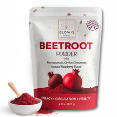 GLOWIS beet root powder bag hero showing premium blend for daily vitality