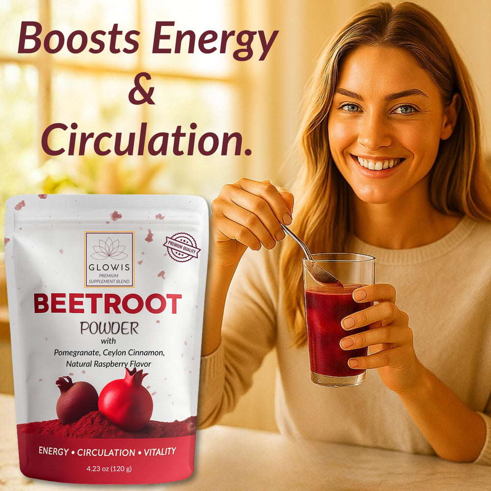 GLOWIS beet root powder daily routine suggesting morning beverage addition