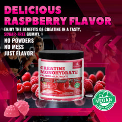 GlucoBio Creatine Monohydrate Gummies Raspberry bottle label confirms vegan and sugar-free formulation.