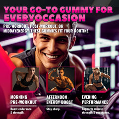 GlucoBio Creatine Monohydrate Gummies Raspberry use-anytime image shows flexible training days.