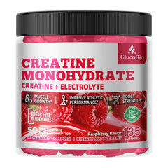 GlucoBio Creatine Monohydrate Gummies Raspberry vegetarian formula appeals to dietary preferences.