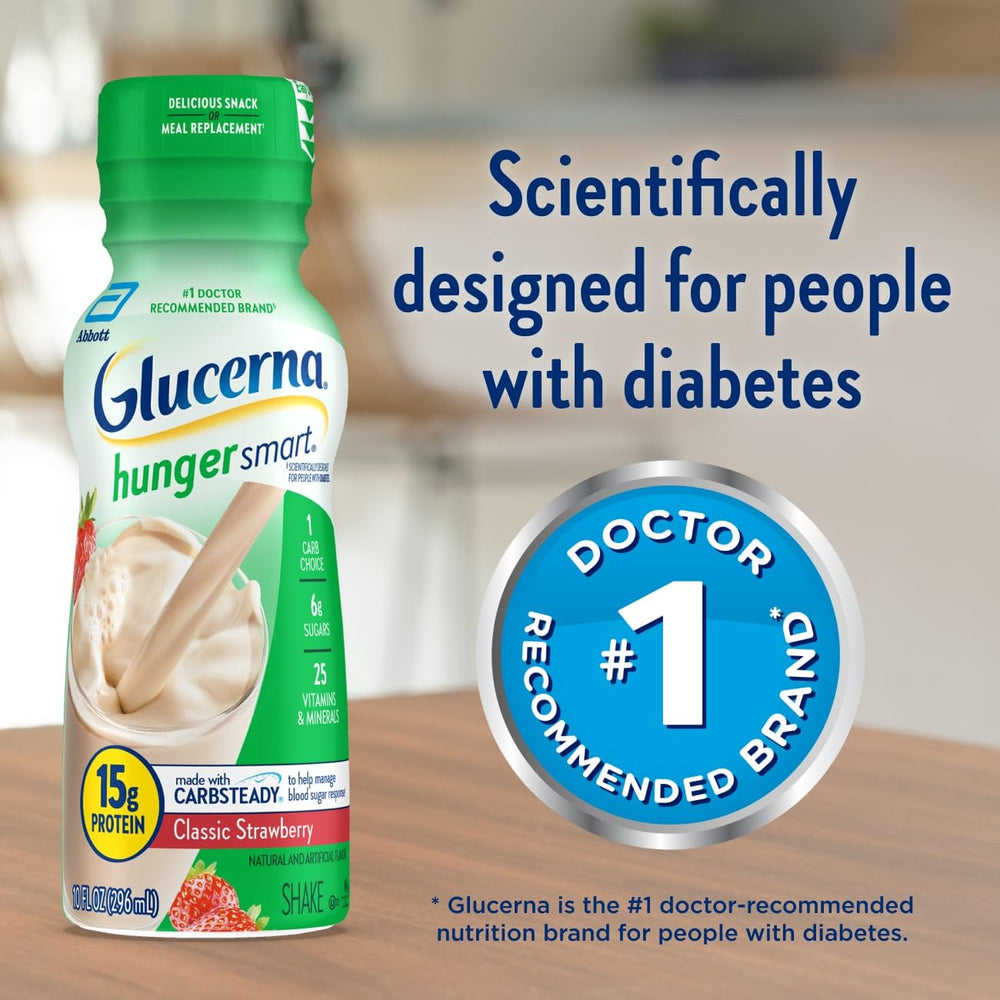 Glass with strawberry shake to illustrate tasty, convenient meal replacement anywhere.