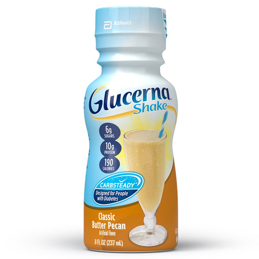 Glucerna Original Butter Pecan bottle, ready-to-drink, convenient snack for diabetes-friendly nutrition.