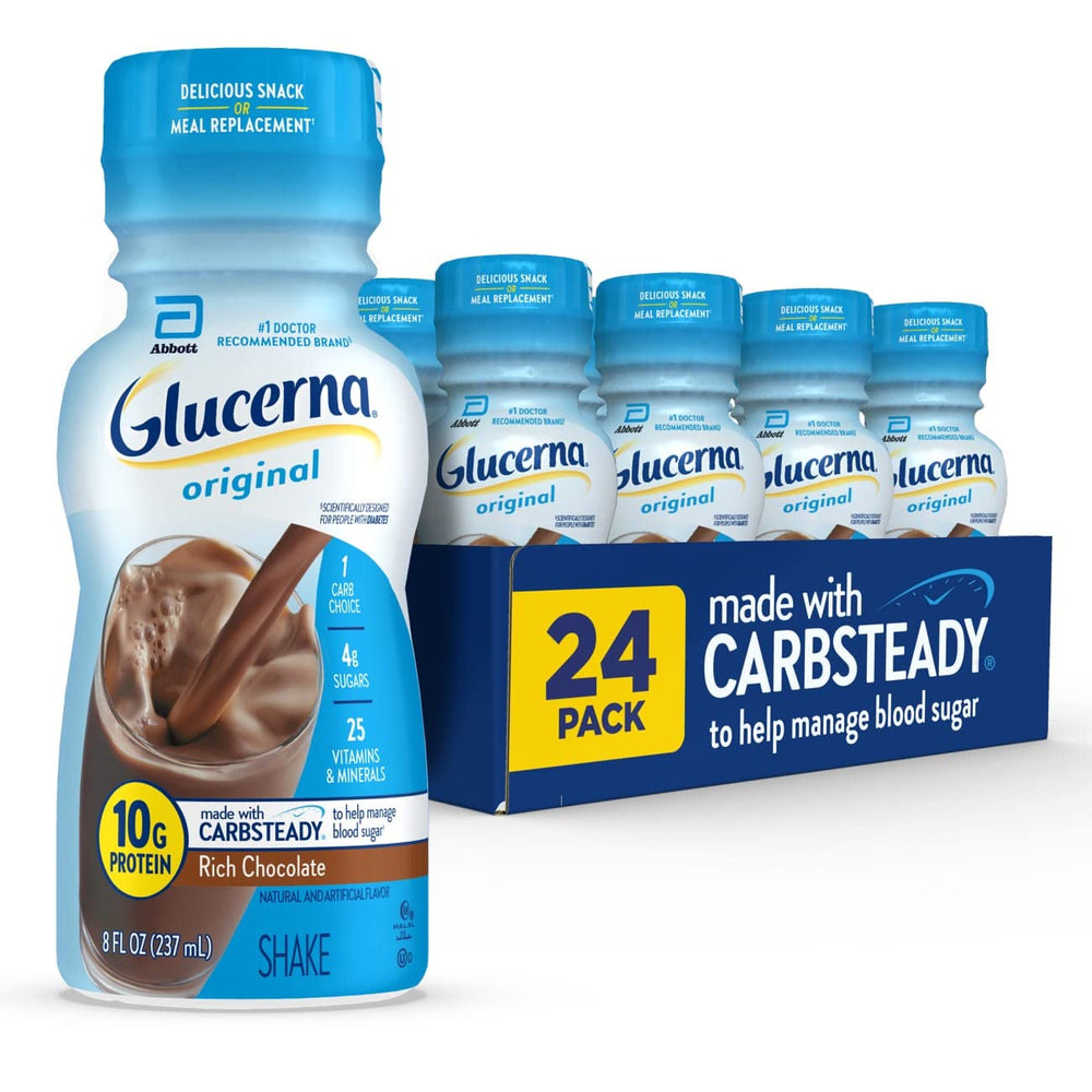 Glucerna Original Rich Chocolate bottle, convenient ready-to-drink for on-the-go nutrition.