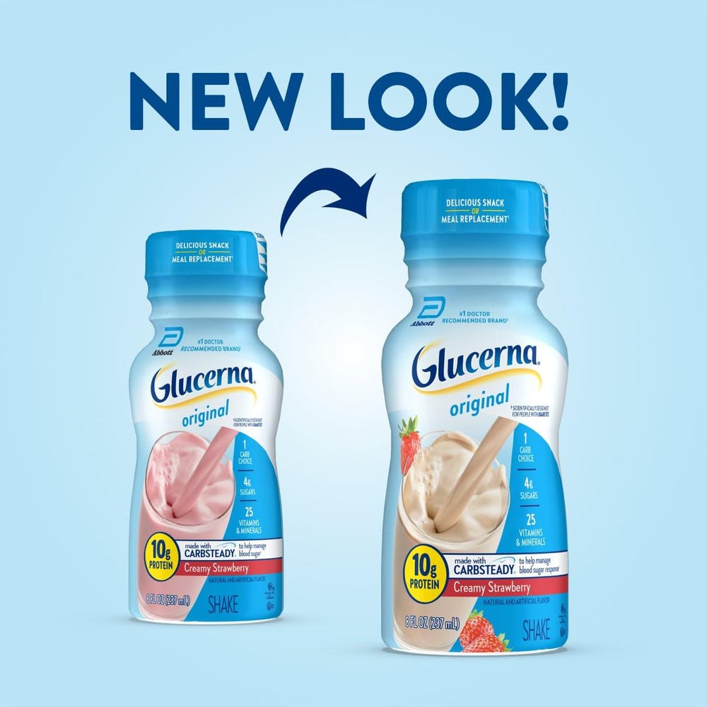 Glucerna Original bottle being poured, showcasing easy on-the-go meal replacement.