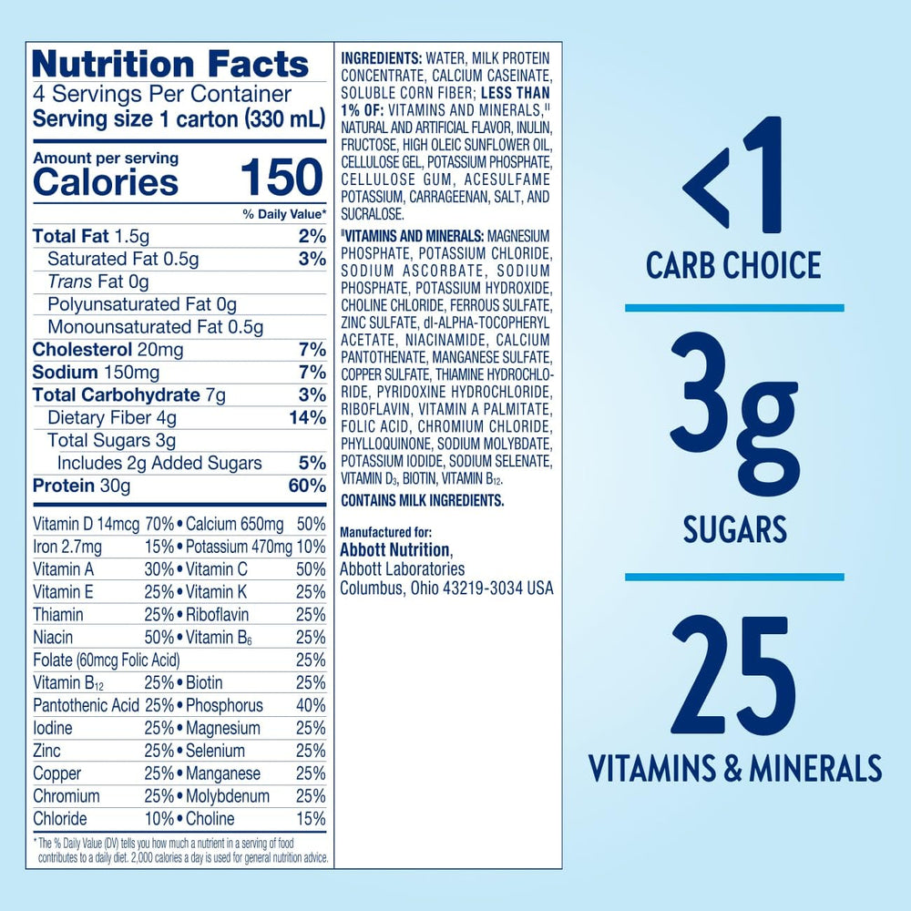 Glucerna Protein Smart vanilla cup with glass illustrates balanced snack or meal replacement.