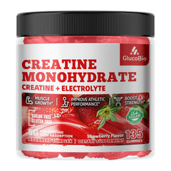 GlucoBio bottle front shows vegan creatine gummies for workout energy.