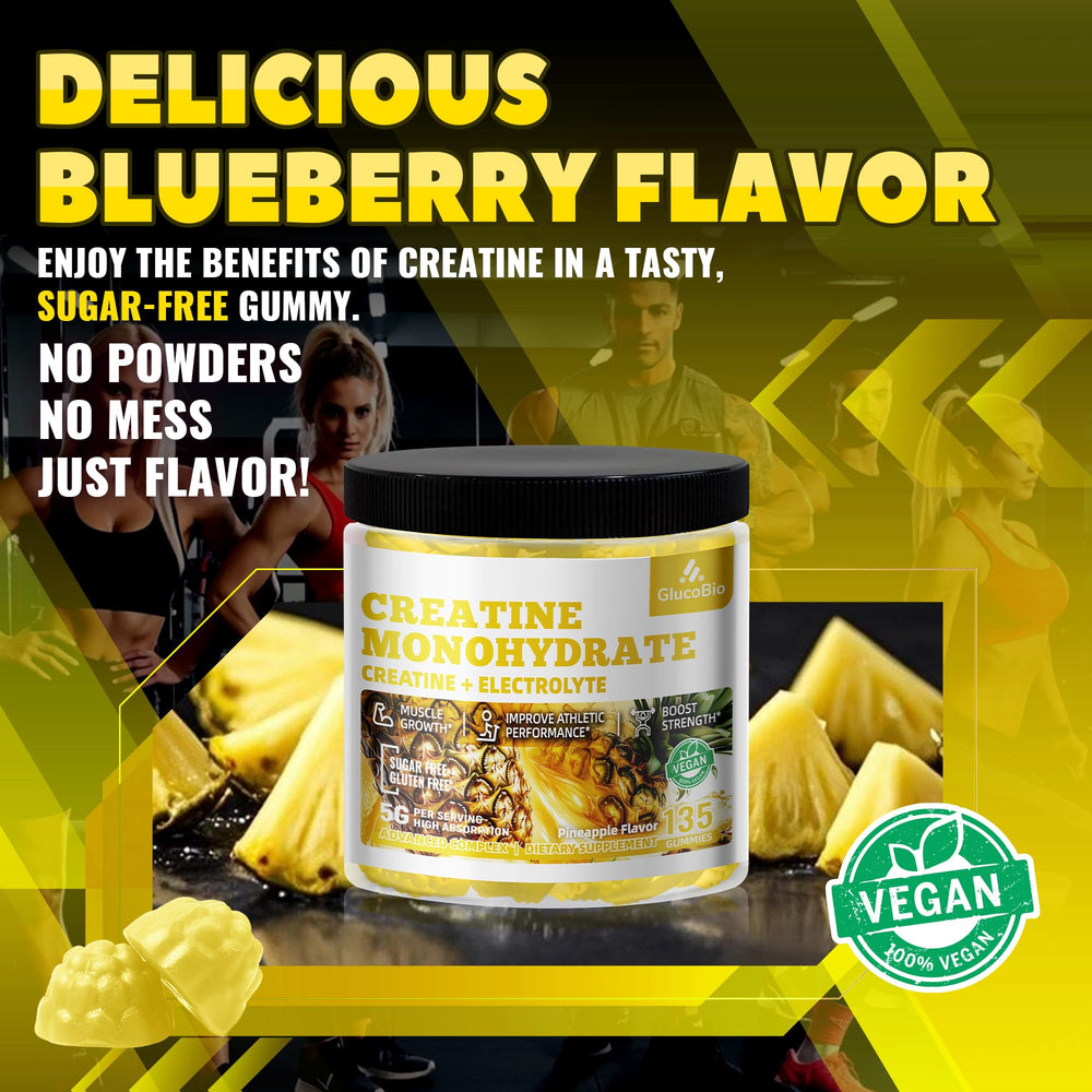 GlucoBio pineapple-electrolyte gummies displayed with gym gear, offering refreshing flavor and electrolyte support
