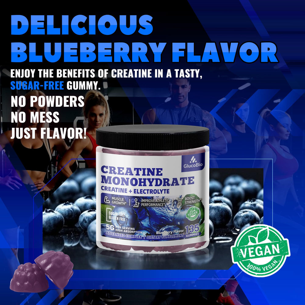 GlucoBio Creatine Gummies vegan and sugar-free label emphasizes dietary compatibility.