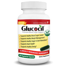 Glucocil bottle with berberine close-up showing premium vegetarian capsules for daily support