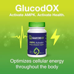 GlucodOX AMPK Activator capsules close-up highlighting guggul content.