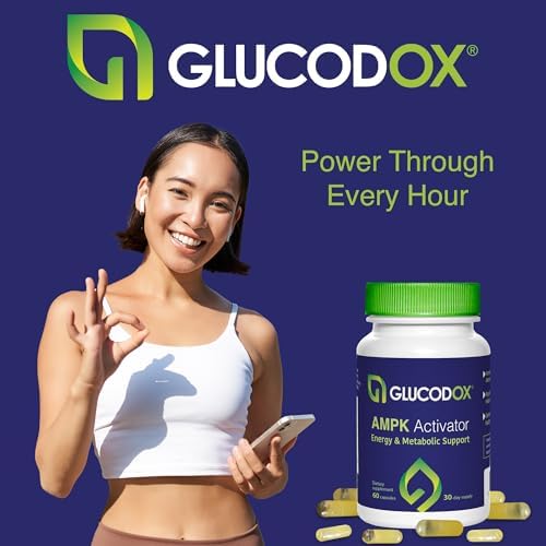 GlucodOX AMPK Activator vegan capsules inside a bottle.