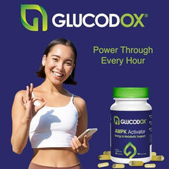 GlucodOX AMPK Activator vegan capsules inside a bottle.