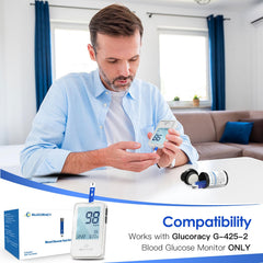 Glucoracy G-425-2 monitor with strip insertion for fast results.