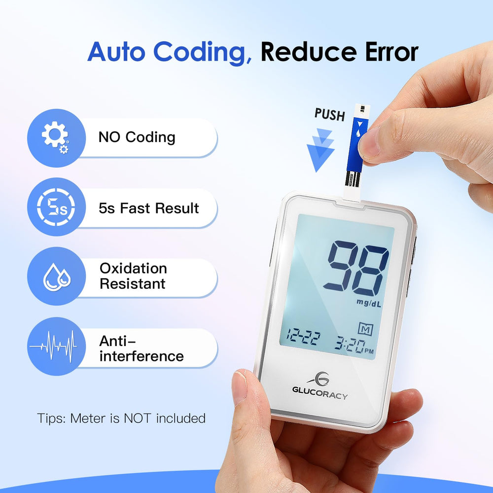 Glucoracy strip auto-absorption feature enables quick tests.