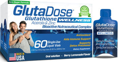 GlutaDose liquid glutathione lemon-berry bottle for daily immune support.