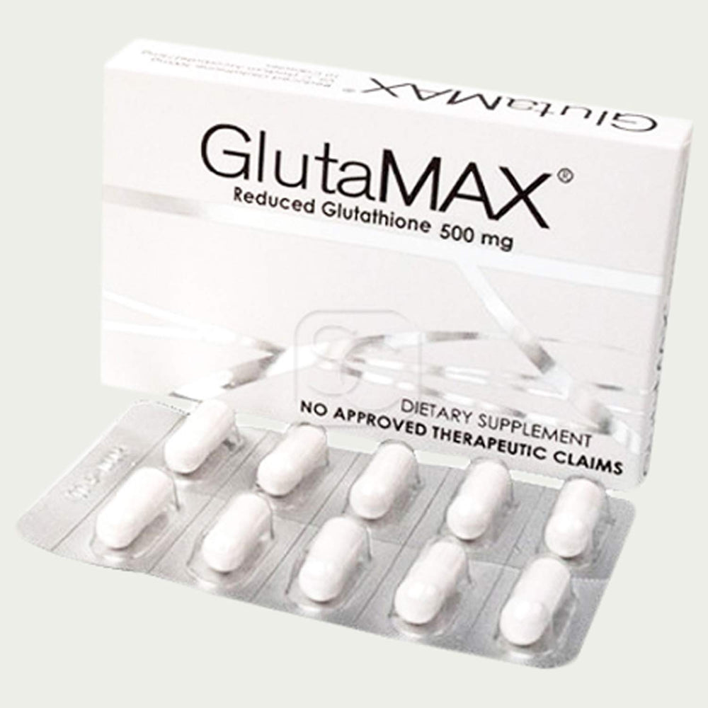 GlutaMAX bottle pour showing skin revitalization capsules for radiant, even-toned skin.