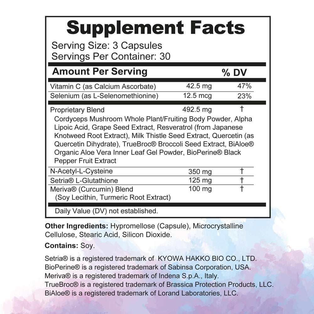Glutathione Amino Complex ingredient panel highlighting Setria, NAC, and BioPerine for absorption.