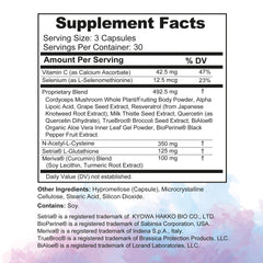 Glutathione Amino Complex ingredient panel highlighting Setria, NAC, and BioPerine for absorption.