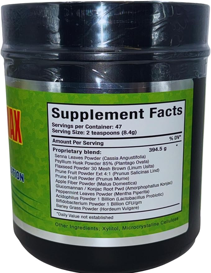 G.M.J Fibra 18 Super MAX powder closeup showing the label and ingredients