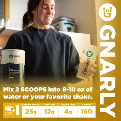Nutrition facts for Gnarly chocolate protein powder showing 25 g protein per serving.