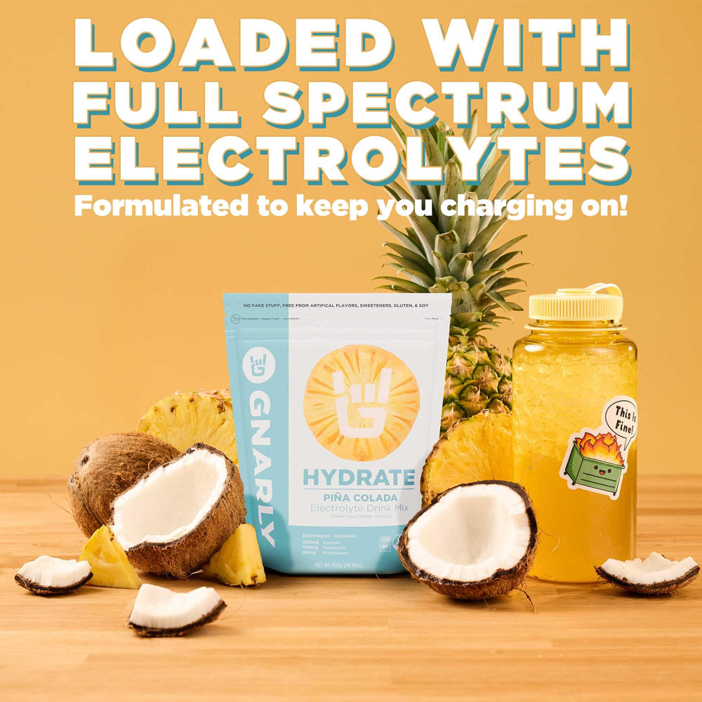 Gnarly Hydrate Pina Colada label close-up highlighting electrolyte blend