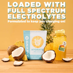 Label closeup of Gnarly Hydrate Pina Colada highlighting certification and quality.
