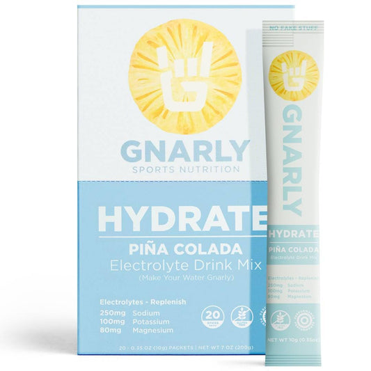 Gnarly Hydrate Pina Colada stick-pack for on-the-go hydration during workouts