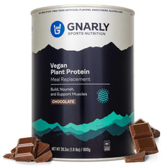 Gnarly Nutrition Vegan Protein Chocolate tub front; high-protein plant powder for daily fueling.