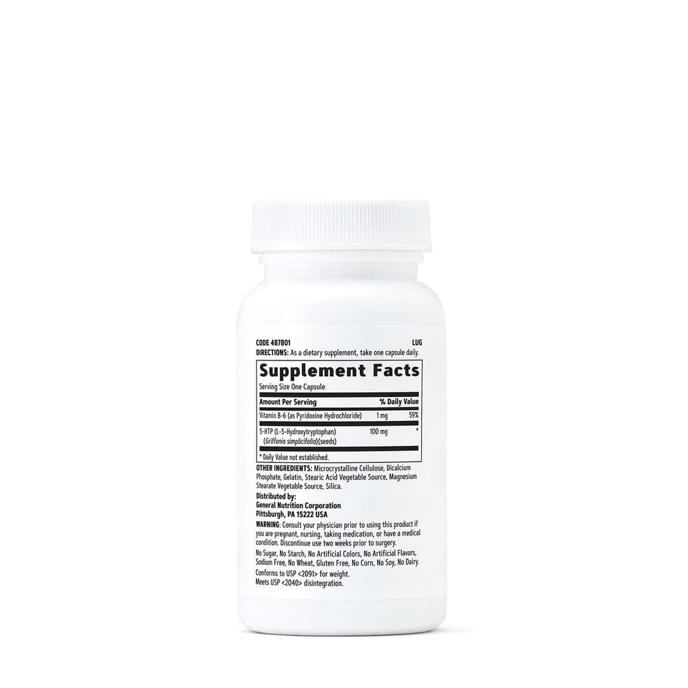 GNC 5-HTP bottle label close-up showing 100mg per serving.
