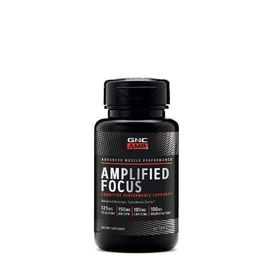 GNC AMP Amplified Focus tablets bottle view highlighting daily focus support