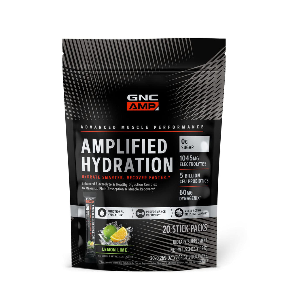 GNC AMP Amplified Hydration powder tub with lemon lime flavor and electrolytes for refreshing replenishment
