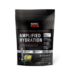 GNC AMP Amplified Hydration powder tub with lemon lime flavor and electrolytes for refreshing replenishment