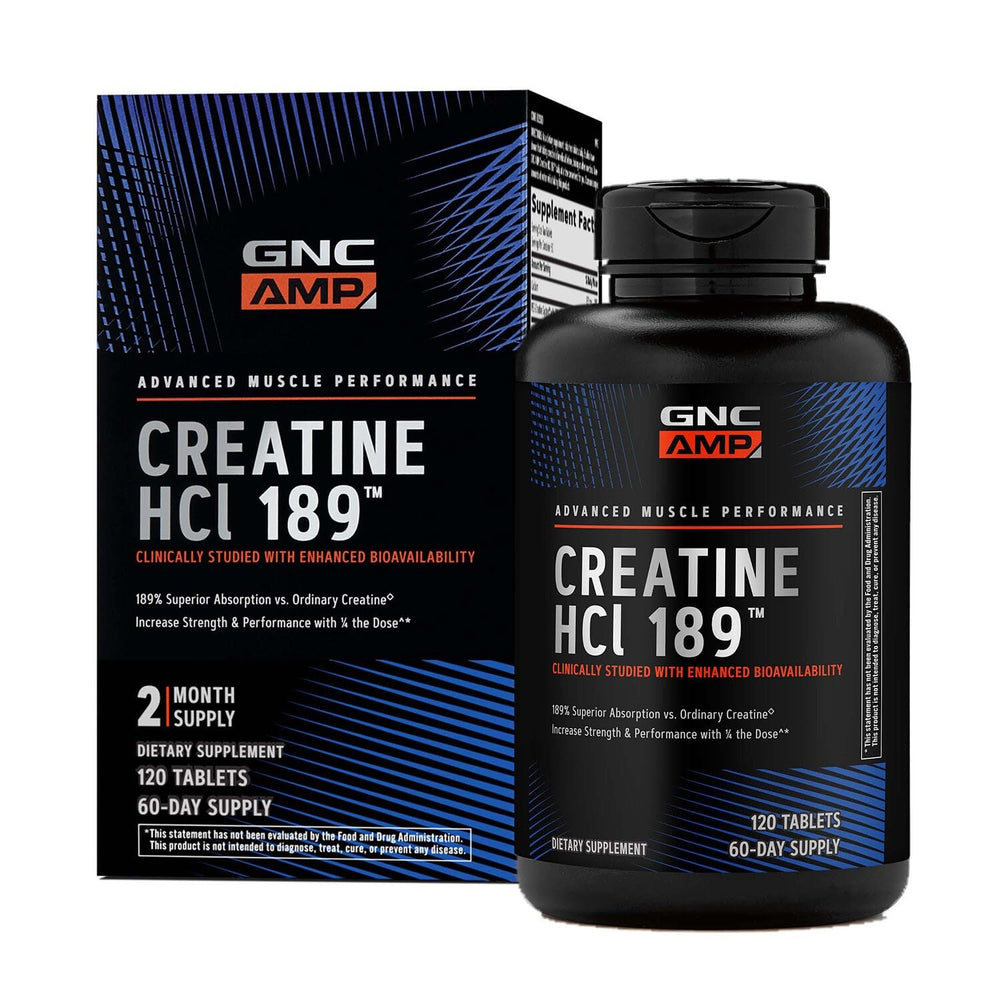GNC AMP Creatine HCl 189 pills bottle – fast-absorbing formula for workouts
