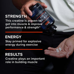 GNC AMP Creatine HCl 189 pills glass bottle on counter supports daily routine.