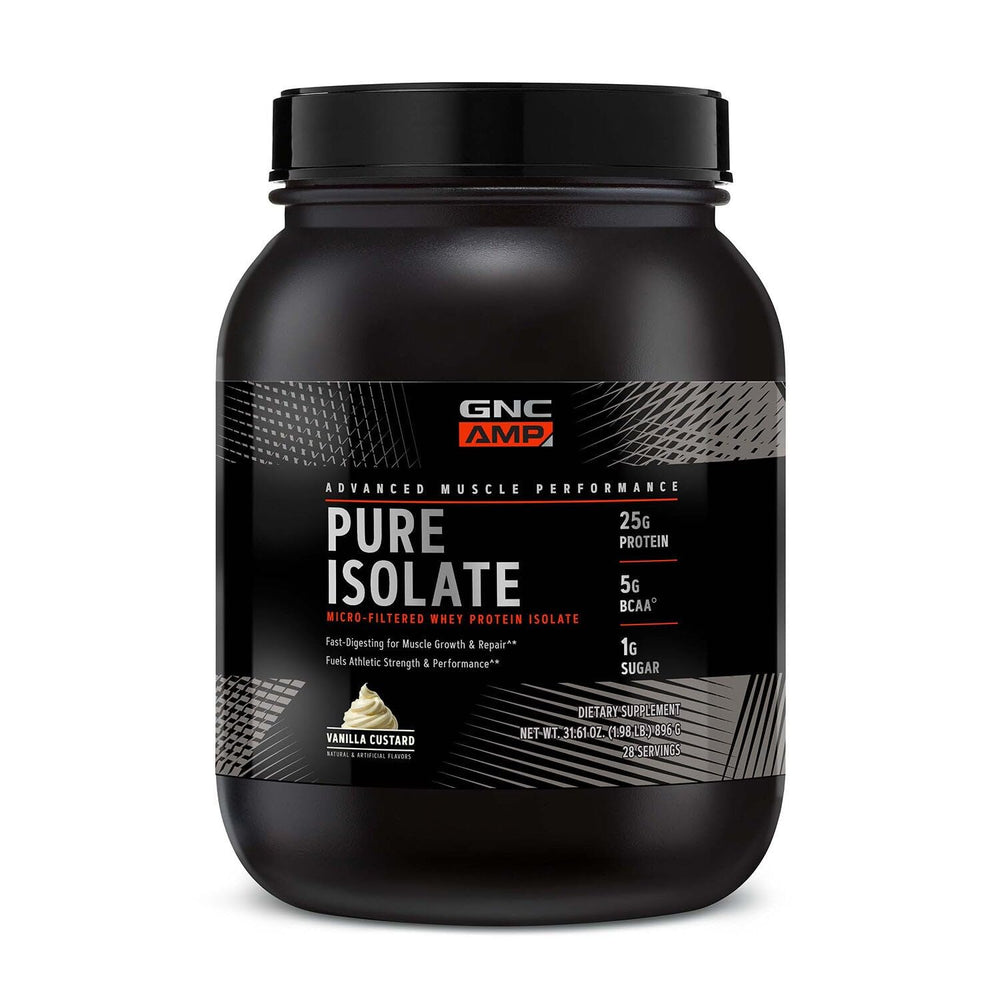 GNC AMP Pure Isolate Whey Vanilla Custard jar highlighting a high-quality protein option for fitness recovery
