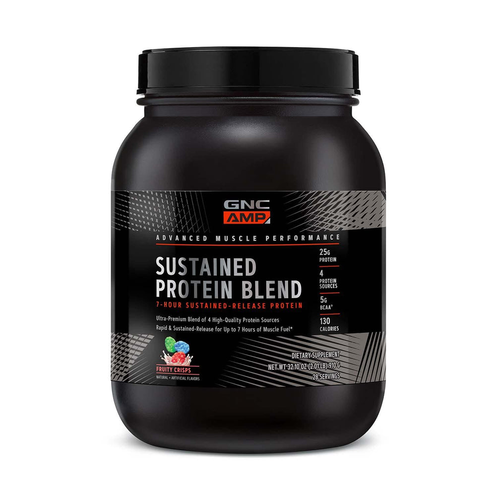 GNC AMP Sustained Cinnamon Toast bottle showing multi-source protein blend for day-long support