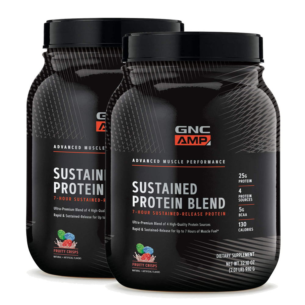 GNC AMP Sustained Cinnamon Toast bottle shows steady protein delivery for daily recovery.
