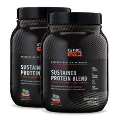 GNC AMP Sustained Cinnamon Toast bottle shows steady protein delivery for daily recovery.