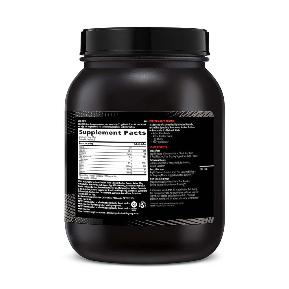 GNC AMP Sustained Cinnamon Toast scoop ready to mix for post-workout recovery