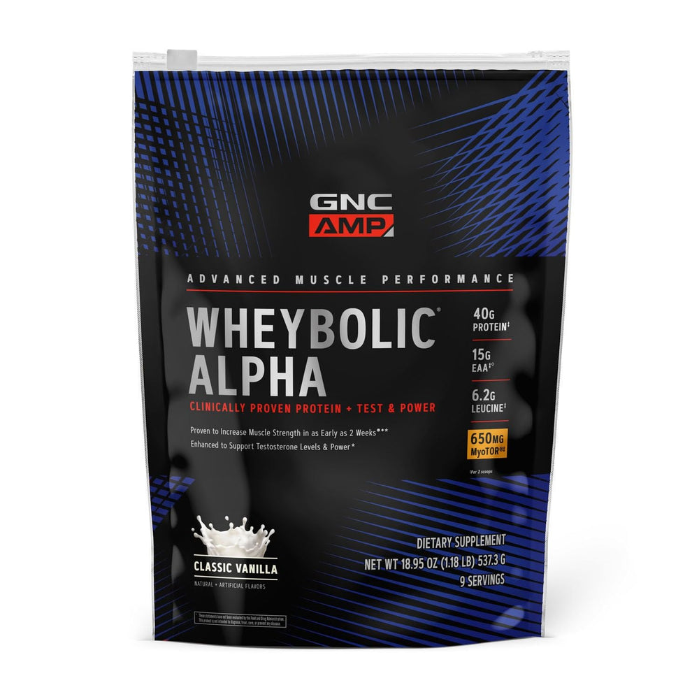 GNC AMP Wheybolic Alpha bottle front showing premium protein for muscle support