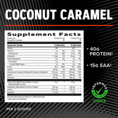 Front label view of GNC AMP Wheybolic coconut caramel tub