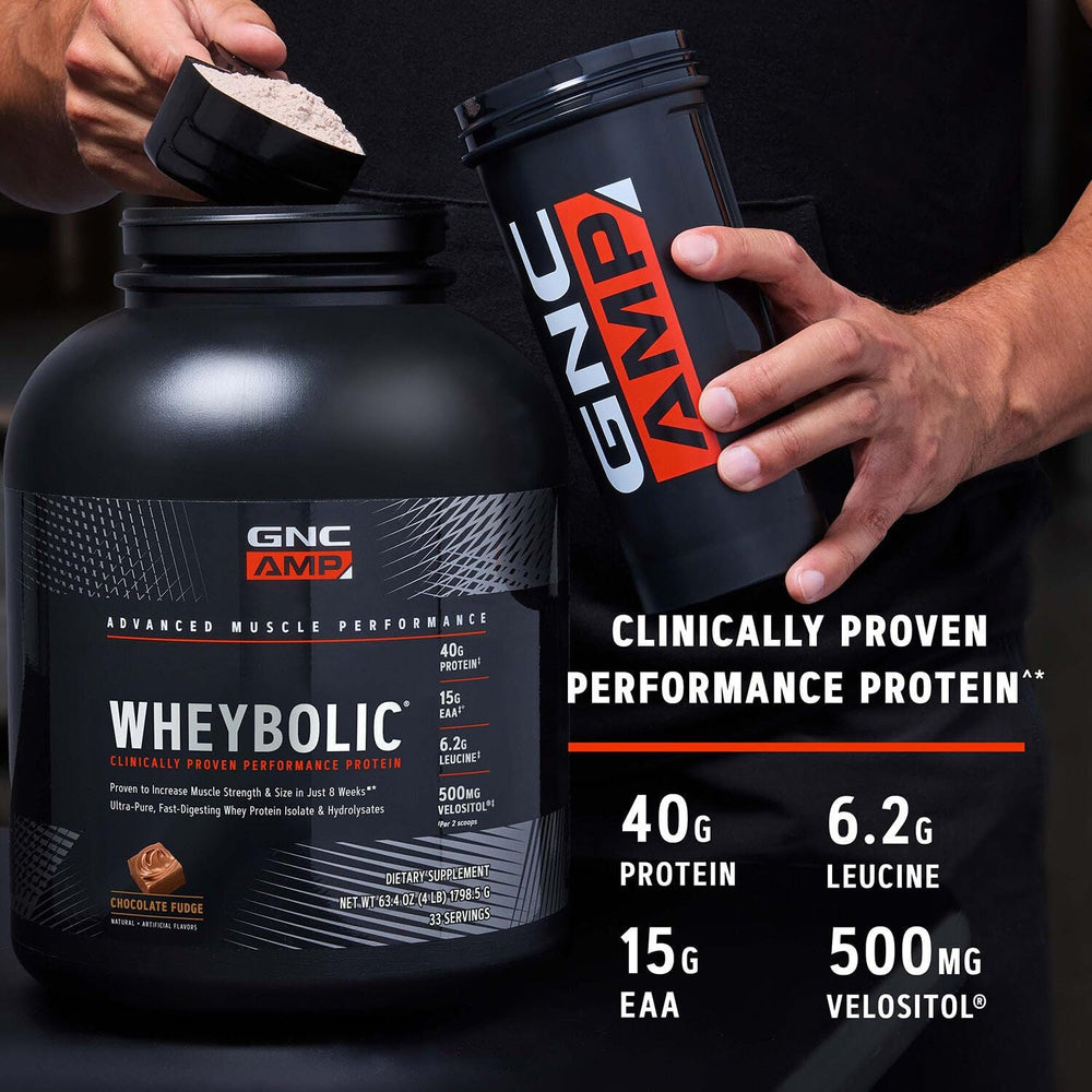 GNC AMP Wheybolic protein increase visualization for muscle support.