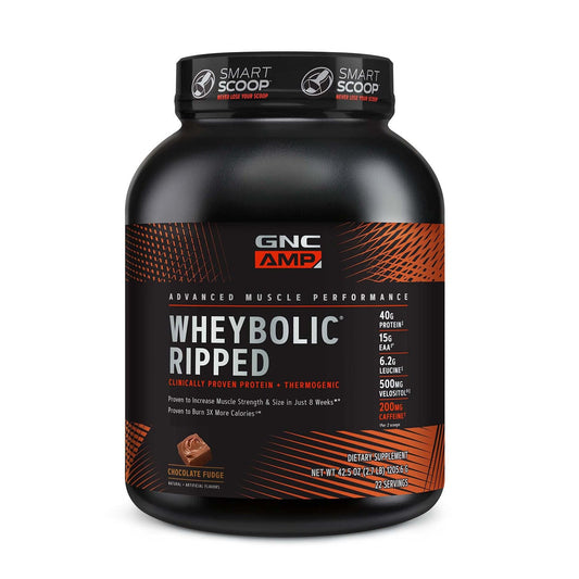 GNC AMP Wheybolic Ripped Chocolate Fudge front label highlights premium protein for workouts