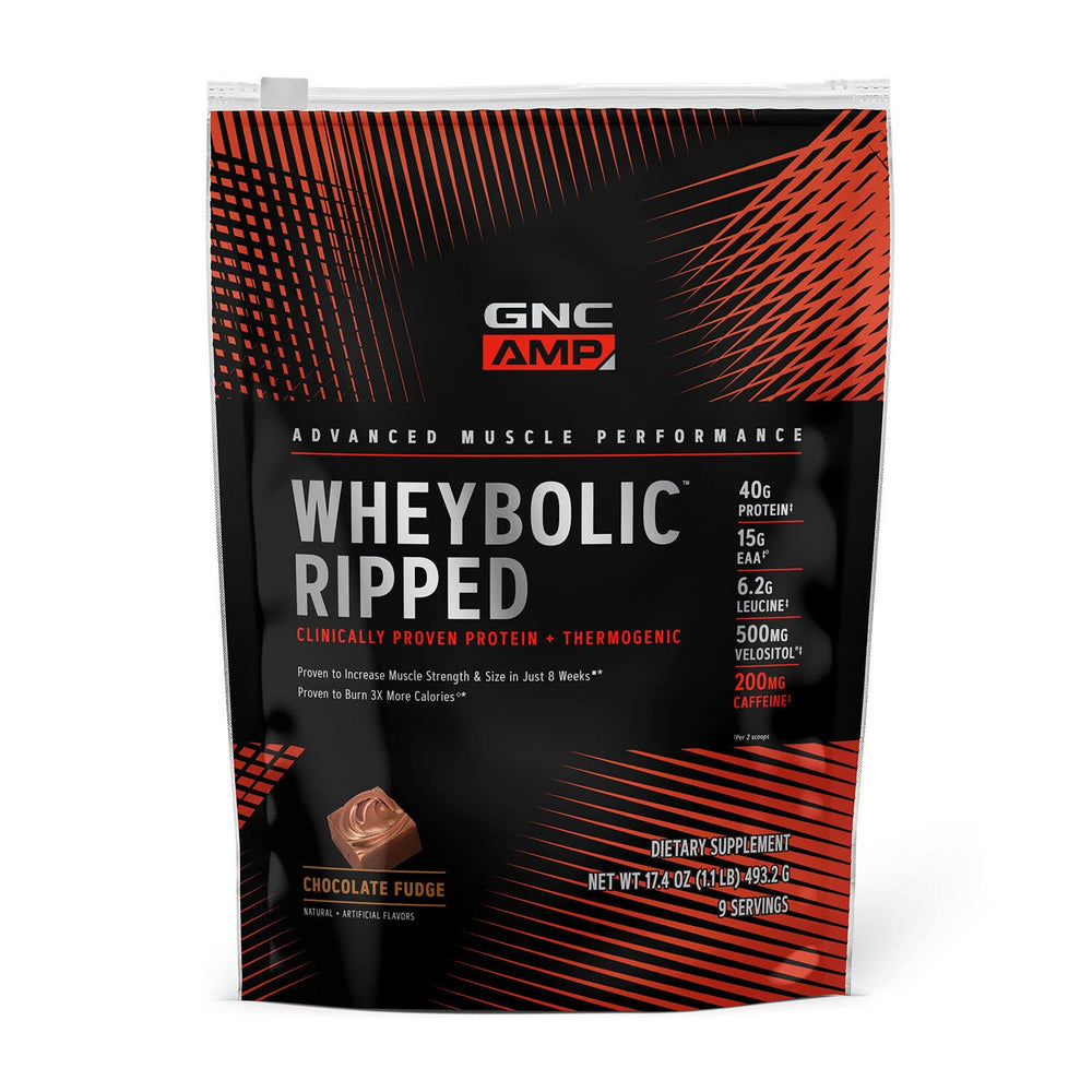 GNC AMP Wheybolic Ripped tub with chocolate fudge flavor and nutrition panel