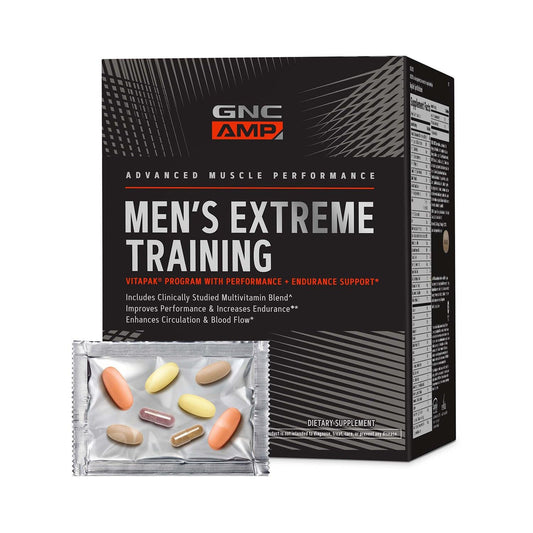 GNC AMP Men’s Extreme Training Vitapak front label showing a 5-in-1 formula for endurance.