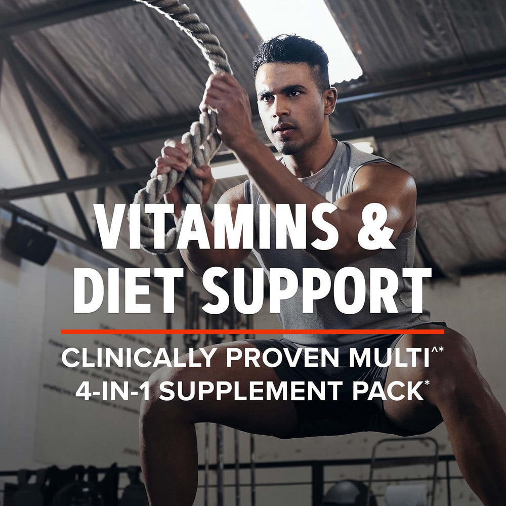 GNC AMP Men’s Ripped Vitapak bottle closeup emphasizes clear label.