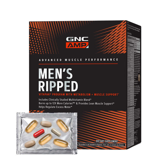 GNC AMP Men’s Ripped Vitapak pack front highlights metabolism boosting ingredients.